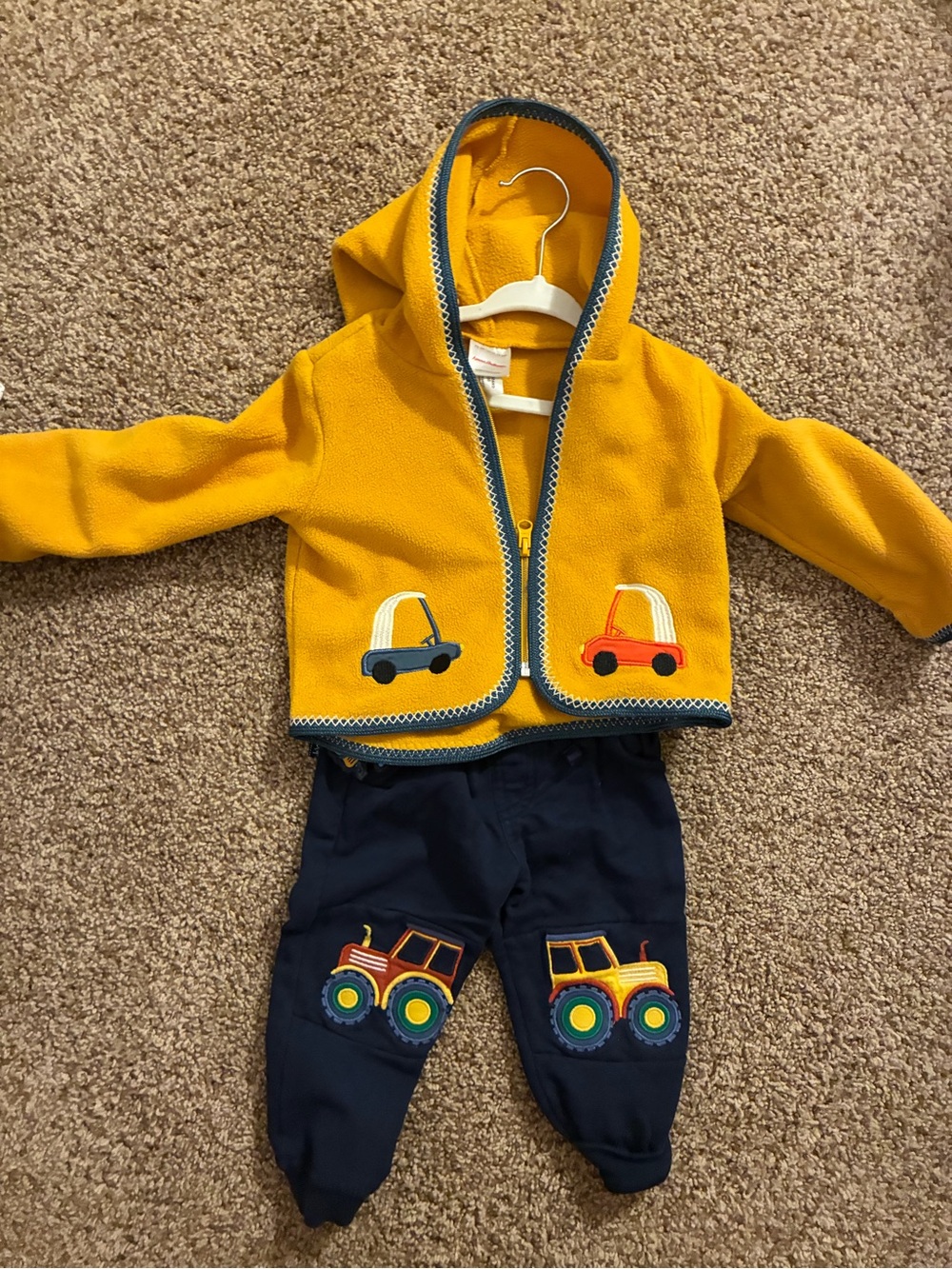 Hanna Andersson Yellow Hooded Jacket with Navy Vehicle Pants